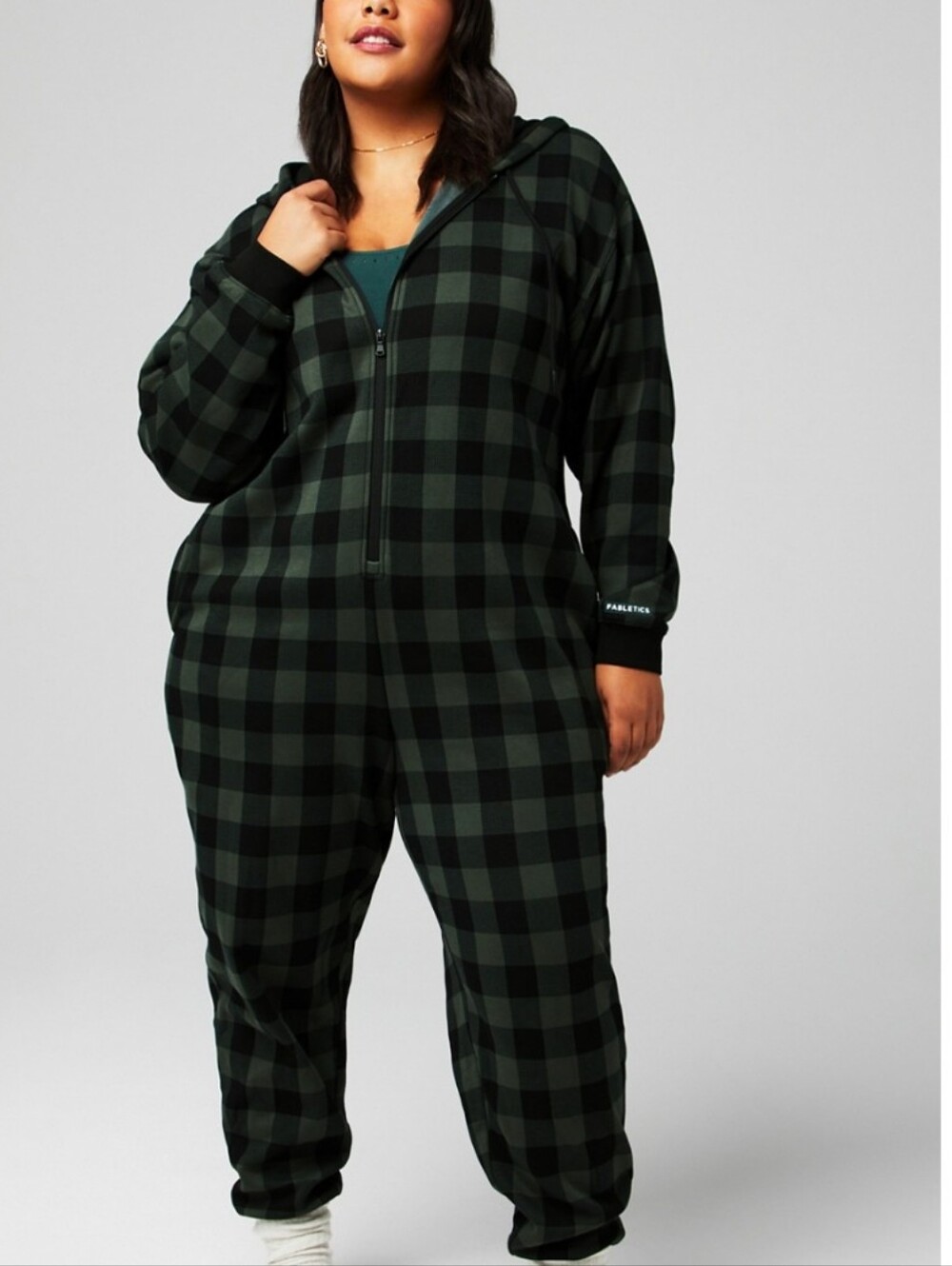 Fabletics Plus-Size Green Plaid Hooded Onesie